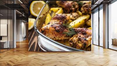 Baked chicken wings with potatoes on a wooden background Wall mural