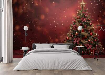 A beautifully decorated Christmas tree on red background with copy space for text Wall mural