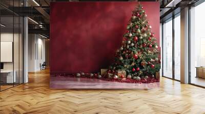 A beautifully decorated Christmas tree on red background with copy space for text Wall mural