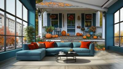 A cozy suburban house decorated with pumpkin for Halloween Wall mural