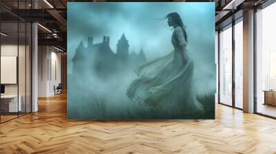 A girl in a light dress fluttering in the wind, against the backdrop of a mystical castle hidden in fog Wall mural