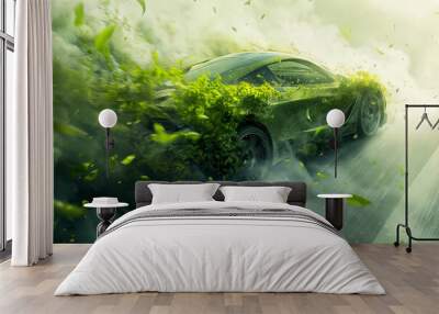 EEco-concept of the idea of environmentally friendly transport. A green car, partly composed of plants and foliage, moves, leaving behind a cloud of leaf smoke without polluting the environment. Wall mural