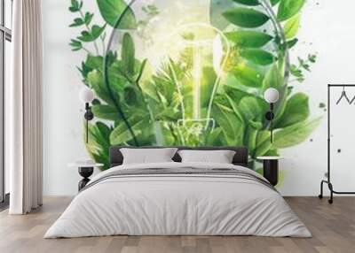 Green plant growing in the light bulb at the white background Wall mural