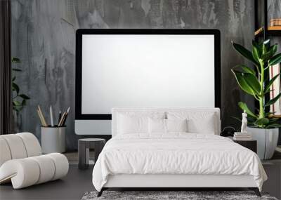 Beautiful background with a modern computer on a desk with a blank white screen for a logo Wall mural