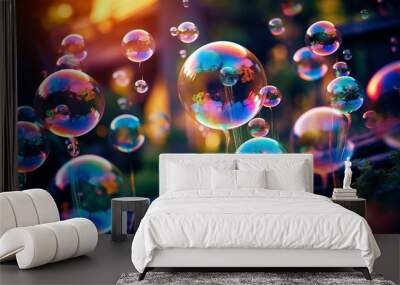 Beautiful floating soap bubbles on a natural abstract multicolor background, summer day playground. Generative AI Wall mural