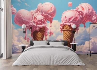 Beautiful ice cream in a cone floating in clouds, imagination fairy tale artwork. Cold summer refreshment. Generative AI Wall mural