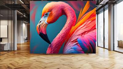 beautiful pink flamingo on a pink background ai generative Wall mural