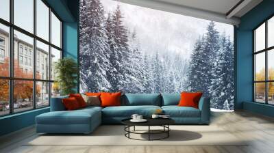 Beautiful snow-covered fir-trees in the Alpine mountains. Wall mural