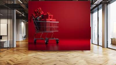 Black Friday, grocery cart with red boxes, red background copy space Wall mural