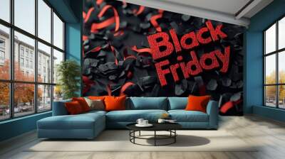 Black Friday Celebration with 3D Style Text and Red Ribbons for Advertising and Promotions Wall mural