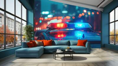 Blue and red light flasher atop of a police car. City lights on the background Wall mural