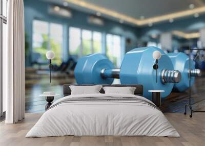 Blue dumbbells on wooden floor in modern gym with large windows. Wall mural