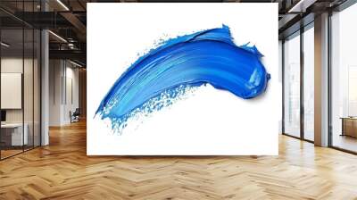 Blue paint stroke with smooth, flowing texture and subtle splashes on a white background, evoking a sense of motion and creativity Wall mural