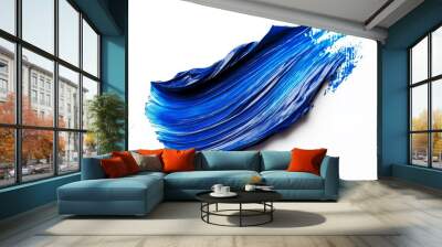 Blue paint stroke with smooth, flowing texture and subtle splashes on a white background, evoking a sense of motion and creativity Wall mural