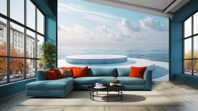 Blue podium on the background of the sea for the presentation of various products Wall mural