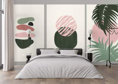 Boho poster collection balance, sun, palm leave. Set of modern minimalist abstract aesthetics illustrations.  Design for social media, wallpapers, postcards, prints. Wall mural