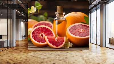 bottle of essential oil with grapefruit and lemon on a wooden background Wall mural