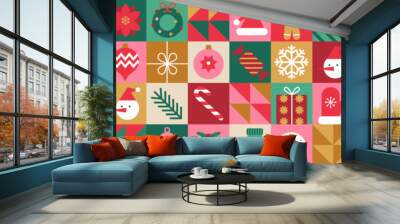 Christmas geometric seamless pattern with holiday icons elements   for wrapping paper, background, wallpaper. Trendy modern contemporary abstract print. Red, green, gold colors. Wall mural