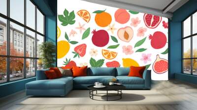 Collection hand drawn colorful abstract fruits, leaves and flowers. Natural tropical fruits. Strawberry, peach, lemon, pomegranate, fig, orange. Vector illustration. Wall mural