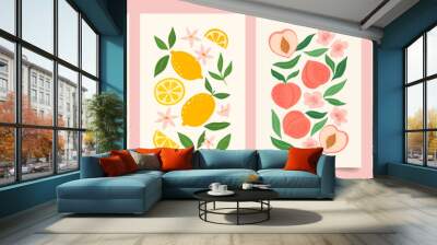 Collection of abstract fruit poster. Contemporary art print with hand drawn strawberry, lemon, peach and orange. Trendy design for wall decor, postcard, cover, packaging, t shirt. Wall mural