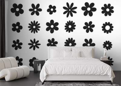 Groovy daisy flowers set. Flat black icons. Simple flower silhouette. Retro vintage style, hand drawn decorative elements. Wall mural