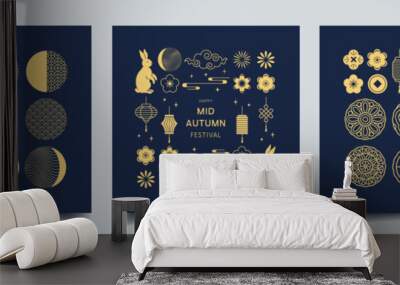 Happy Mid Autumn Festival. Set of banner with traditional chinese patterns, rabbits, flowers, lanterns, moon. Trendy modern design. Vector template for invitation, social media post, poster. Wall mural