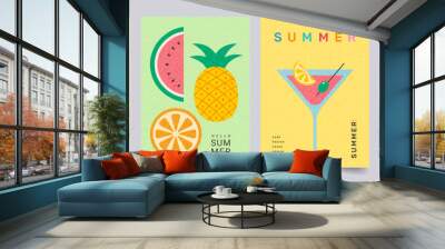 Minimal abstract summer poster set.  Ice cream, watermelon, cocktail, yacht in the sea, sun and modern typography. Summer holidays, journey, vacation illustrations. Template for banner, cover, card. Wall mural