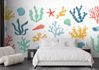 Seaweed and coral of set. Hand drawn aquarium plants, underwater ocean flora, seashell, algae, starfish. Vector marine plants and animals of the seabed. Flat cartoon illustration. Wall mural