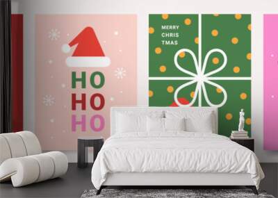 Set of Merry Christmas and Happy New Year minimalist trendy cards. Modern Xmas flat design with geometric pattern of holiday icons. Vector template for banner, poster, holiday cover. Wall mural