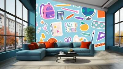 Set of school supplies and education stickers. Back to school. Backpack, books, globe, pencil box, paints, ruler, pen, pencil. Suitable for prints, cards, paper crafts, scrapbooking. Wall mural