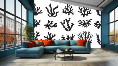 Set of sea corals and seaweed black silhouette. Aquarium plants, underwater ocean flora, algae. Vector illustration isolated on white background. Wall mural