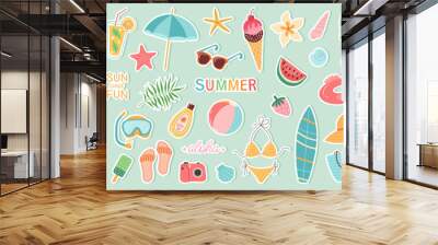 Set of summer stickers. Icons for tropical vacation. Seasonal elements collection. Flamingos, ice cream, pineapple, tropic leaves, cocktails, plumeria, watermelon, beach accessories. Wall mural