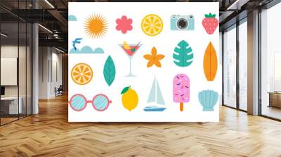 Summer icons set. Holiday beach elements for tropical vacation. Minimalist geometric style. Boat, surfboard, watermelon, lemon, seashell, photo camera, palm tree. Vector flat illustration. Wall mural