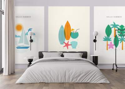 Summer vibe. Minimal abstract poster set. Tropical fruit, pineapple, yacht in the sea, sun, leaf monstera, surfboard, beach, flowers. Vector summer vacation illustrations. Wall mural