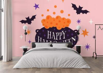 Trendy Halloween design with witch cauldron, bats, stars and typography. Pink background. Hand drawn vector cute illustration perfect for greeting card, banner, poster, invitation. Wall mural