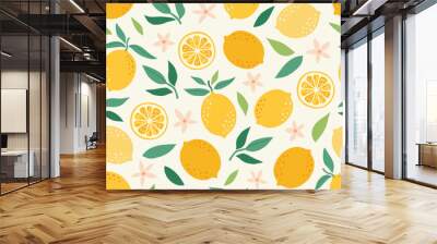 Tropical seamless pattern with yellow lemons. Cute fruit summer background. Vector bright modern print for paper, cover, fabric. Wall mural