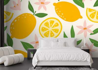 Tropical summer seamless pattern with lemons, leaves and flowers. Citrus fruit background. Modern trendy design for paper, cover, fabric. Vector illustration. Wall mural