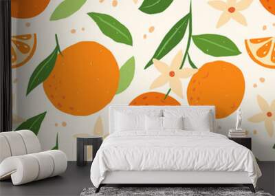 Tropical summer seamless pattern with oranges and flowers. Citrus fruit background. Modern trendy design for paper, cover, fabric. Vector illustration. Wall mural