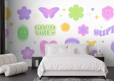 Y2k sticker set. Butterfly, heart, daisy, flower in the trendy psychedelic style of the 90s, 2000s. Pink, yellow, green colors. Cute vector illustrations, elements and signs. Wall mural