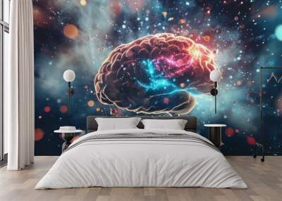 Brain bursting into light particles, symbolizing expanding consciousness or cognitive breakthroughs--great for personal development seminars. Wall mural