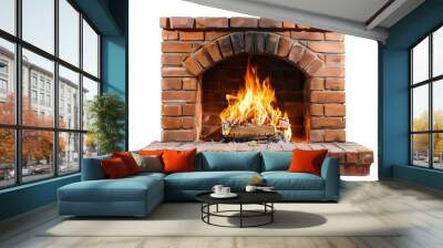 Brick home fireplace with a burning fire inside isolated on white background Wall mural