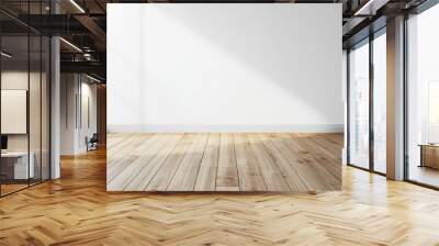 Bright empty room with natural light streaming through the window, showcasing a clean white wall and wooden floor. Wall mural