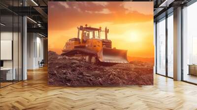 Bulldozer machine on a dirt terrain at sunset Wall mural