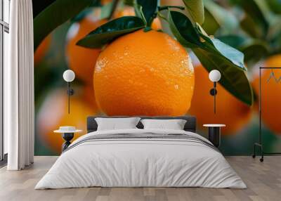 Bunch of fresh ripe oranges hanging on a tree in orange garden  Wall mural