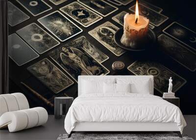 burning candle on laid out tarot cards Wall mural