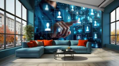 Business professional interacting with digital interface showcasing network of user profiles Wall mural