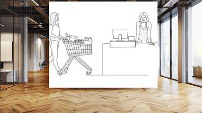 Buyer pushing a shopping cart with groceries. Woman cashier in supermarket. Line drawing vector illustration. Wall mural