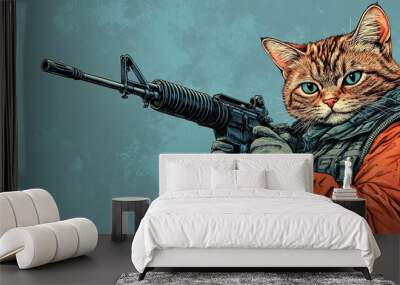 Cat soldier in uniform holding a rifle Wall mural