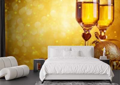 Champagne glasses on a beautiful bokeh background. Happy New Year. Christmas and new year holidays background, winter season. Background with copy space. Wall mural