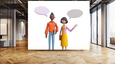 Chatting young couple with speech bubbles, Dialogues between men and women. Concept of communication and friendship between people, Trendy 3d illustration. Wall mural